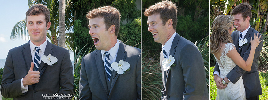 Groom with his mouth dropped at his wedding first look.