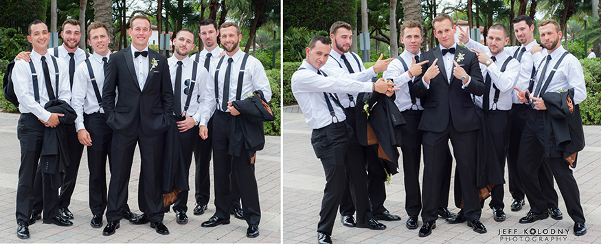 Fun groom and groomsmen photos taken at the Biltmore Hotel in Coral Gables.